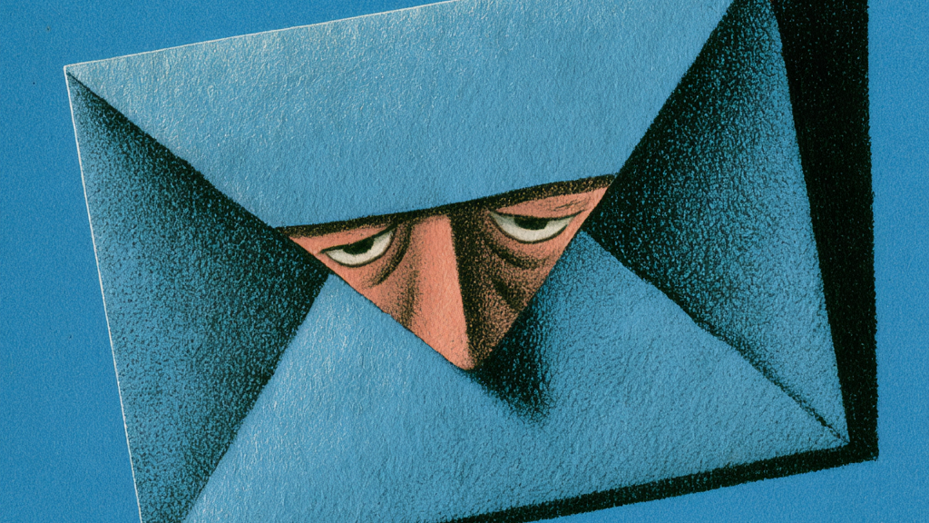 Illustration: wary eyes peering out from inside a blue envelope