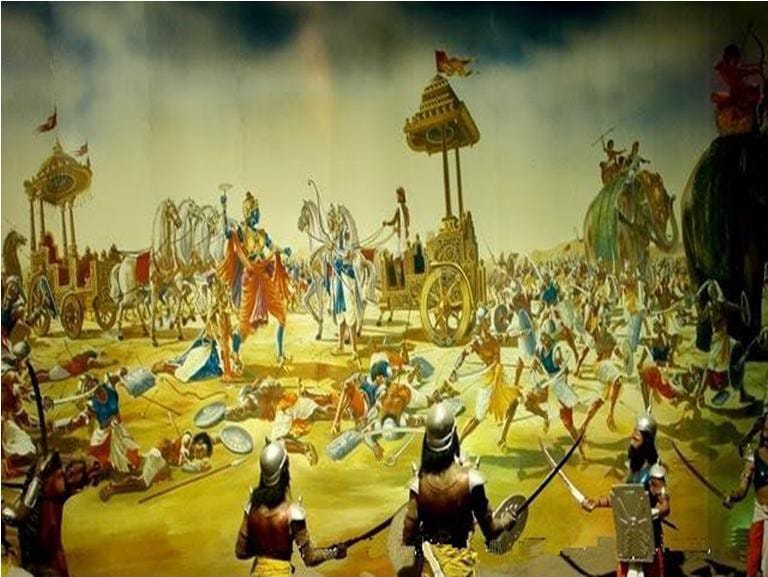 Painted mural of a Mahabharata battle with chariots, elephants and fallen warriors, armoured figures in front