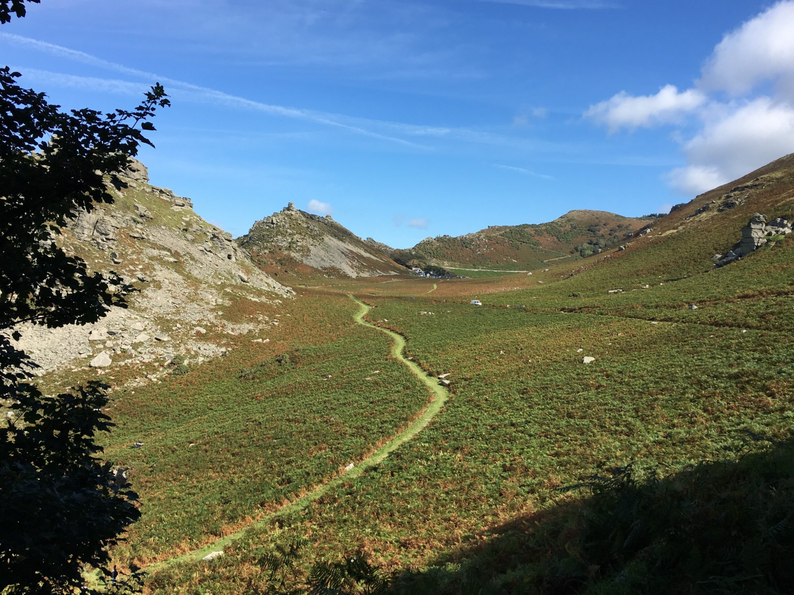 Grassy path winding through a bracken-covered valley between rocky hills