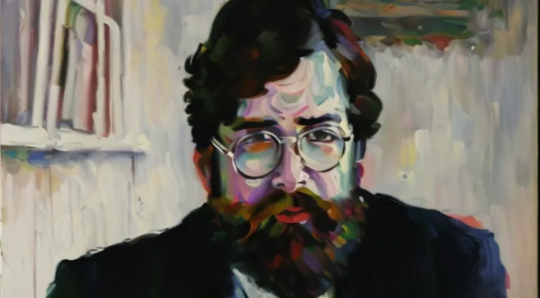 AI-generated portrait of a bearded man in round glasses in front of bookshelves
